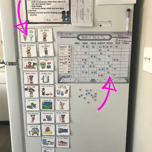 Our fridge with the visual clip chart and chore chart